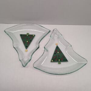 Lot of 2 Gorham Fused Glass Christmas Tree Shaped Candy Dish‎